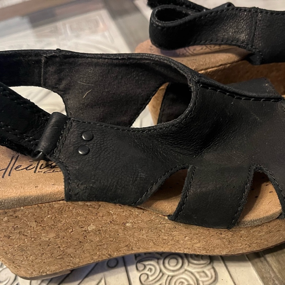Clarks Black Leather Wedge Sandals